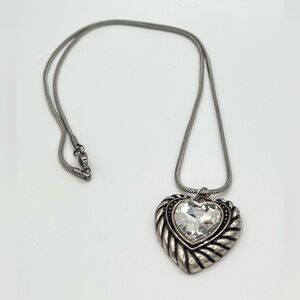 Stainless Steel Heart Pendant Necklace with Clear Crystal Accent